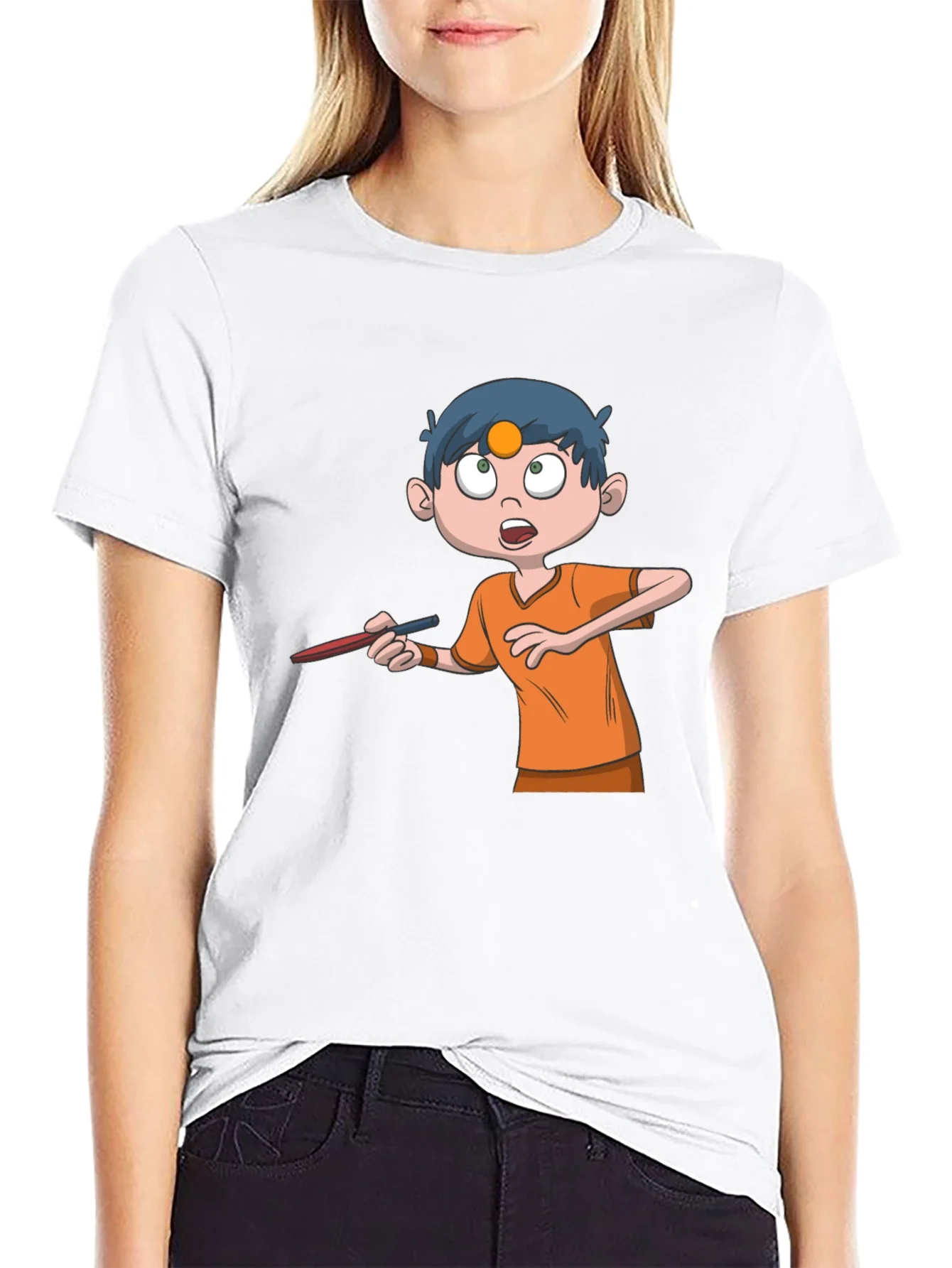 Cartoon Boy Graphic Tee - Black Cotton T-Shirt